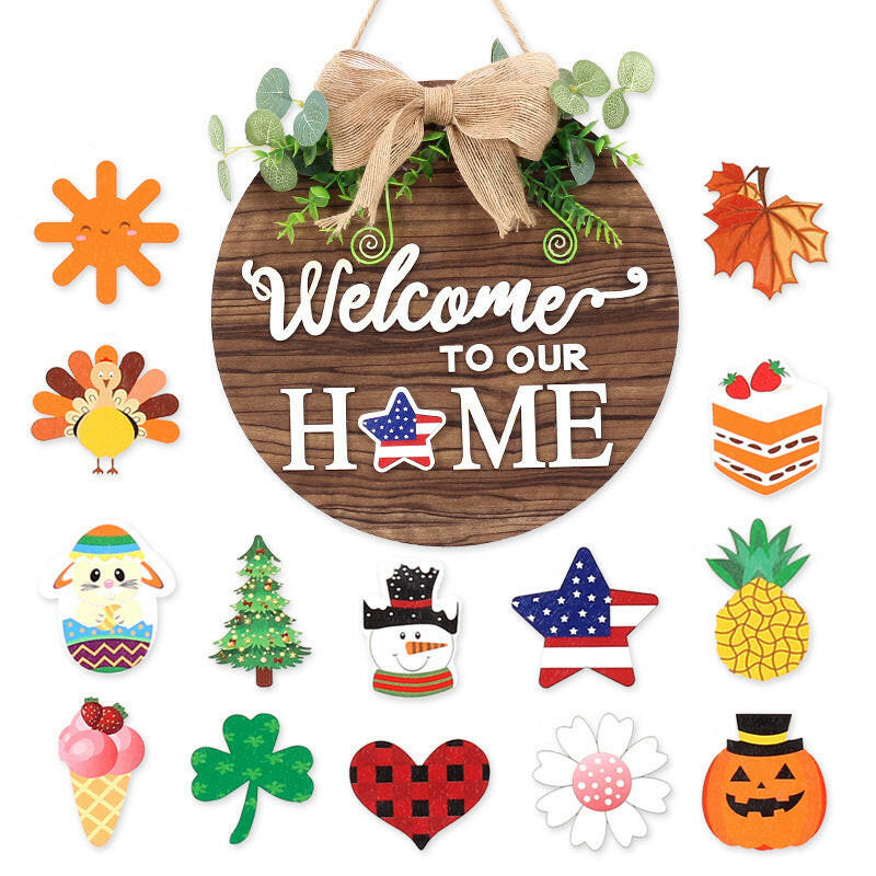 Interchangeable Wooden Door Hanger Ornaments With 14pcs Magnetic Stickers Seasonal Home Sign Welcome Home Decoration.