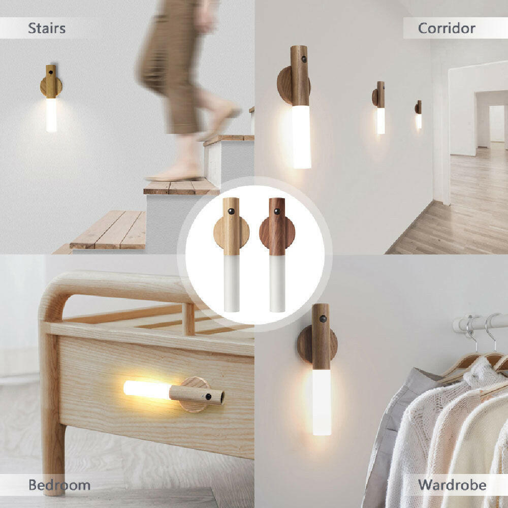 Auto LED USB Magnetic Wood Wireless Night Light Corridors Porch Lights PIR Motion Sensor Wall Light Cabinet Lamp.