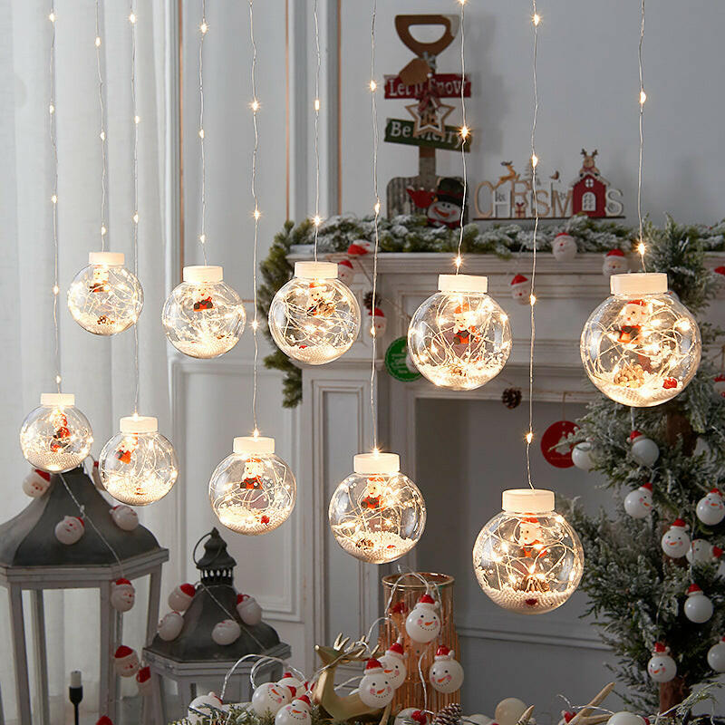 10 PCS LED Christmas Curtain Lamp Fairy Snowman Wishing Ball Lamp String Christmas Window Decoration Christmas Light Room.