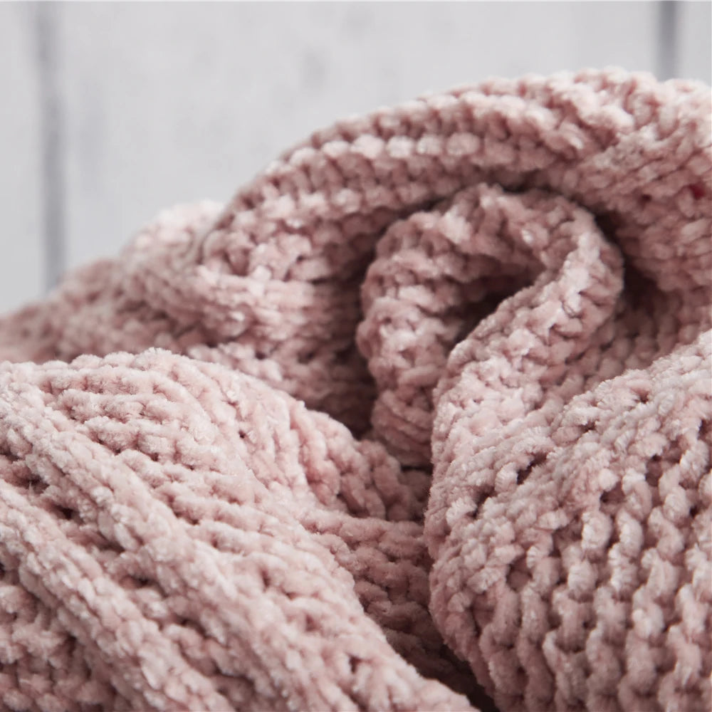 Chenille Knitted Pompom Chunky Throw Blanket Pink Ivory Gray.