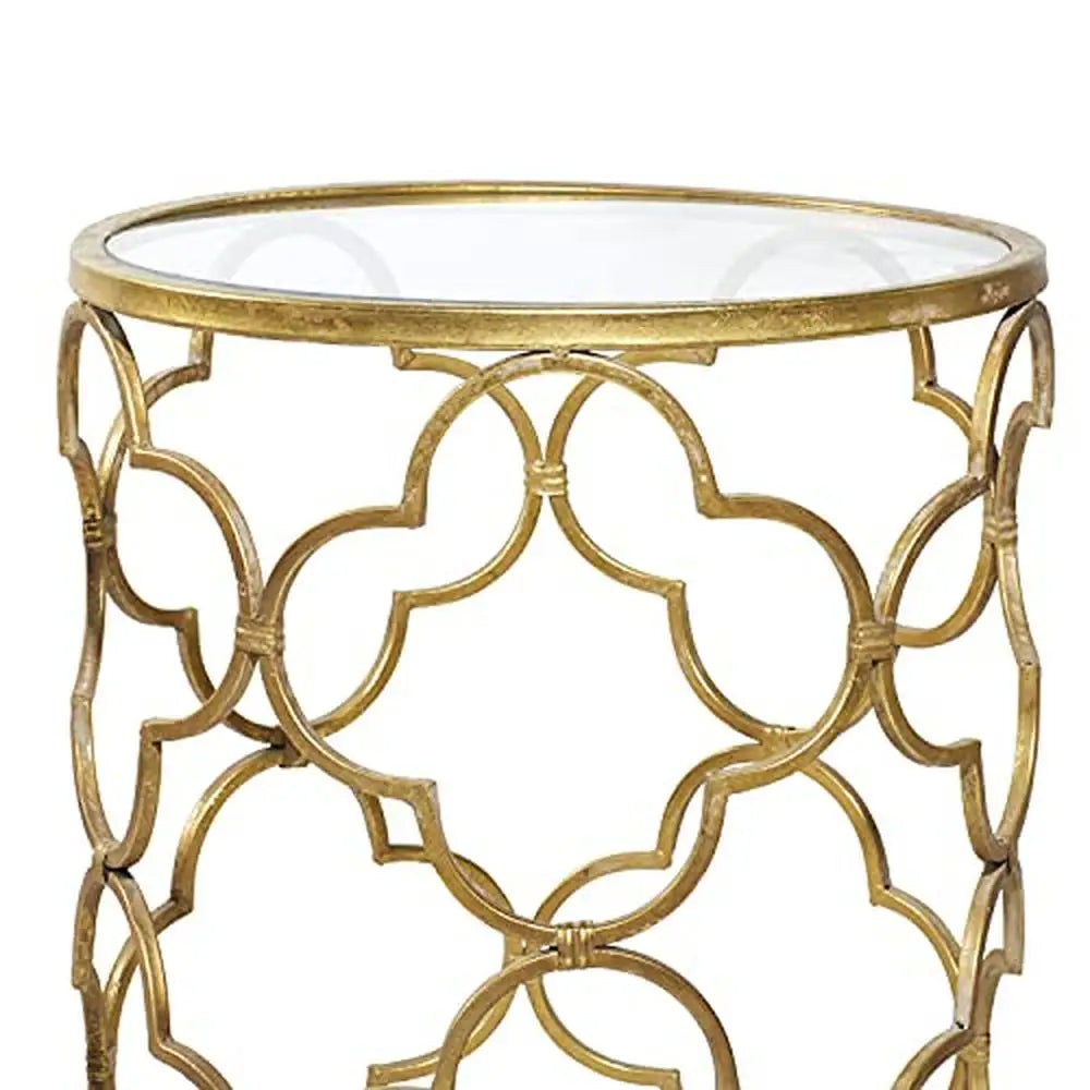 Contemporary Gold Quatrefoil Metal End Table  Glass Top 16