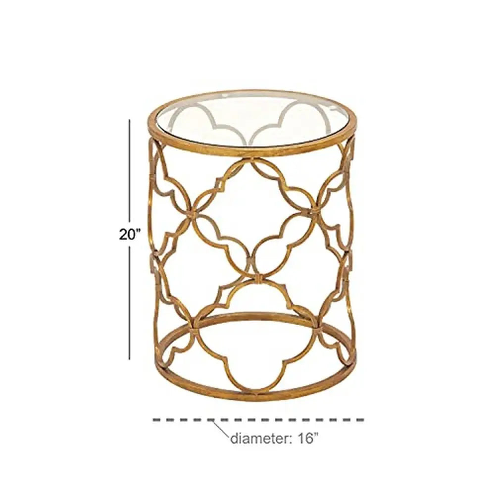 Contemporary Gold Quatrefoil Metal End Table  Glass Top 16