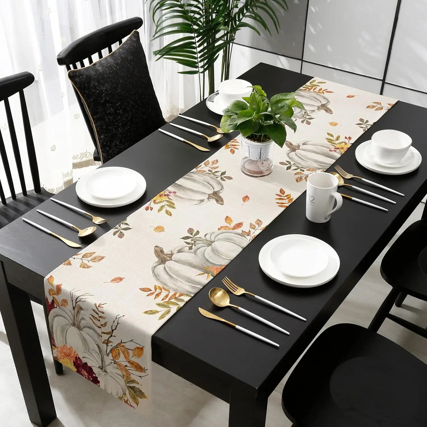 Autumn Linen Table Runner Pumpkin Retro Maple Leaves Harvest.