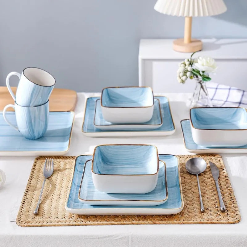 Brushed Square Porcelain Dinnerware Set, Service for 4-16 Pieces.