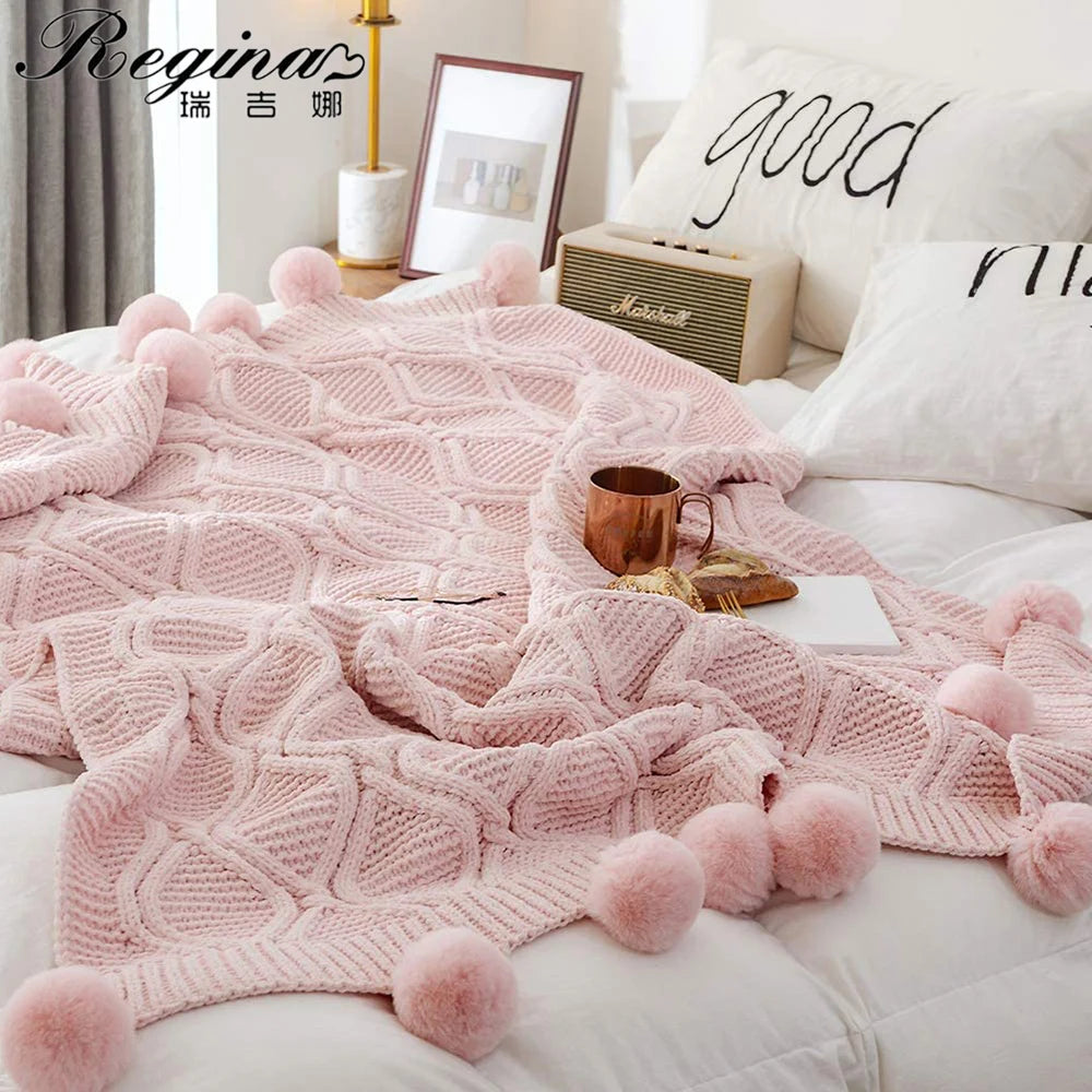 Chenille Knitted Pompom Chunky Throw Blanket Pink Ivory Gray.