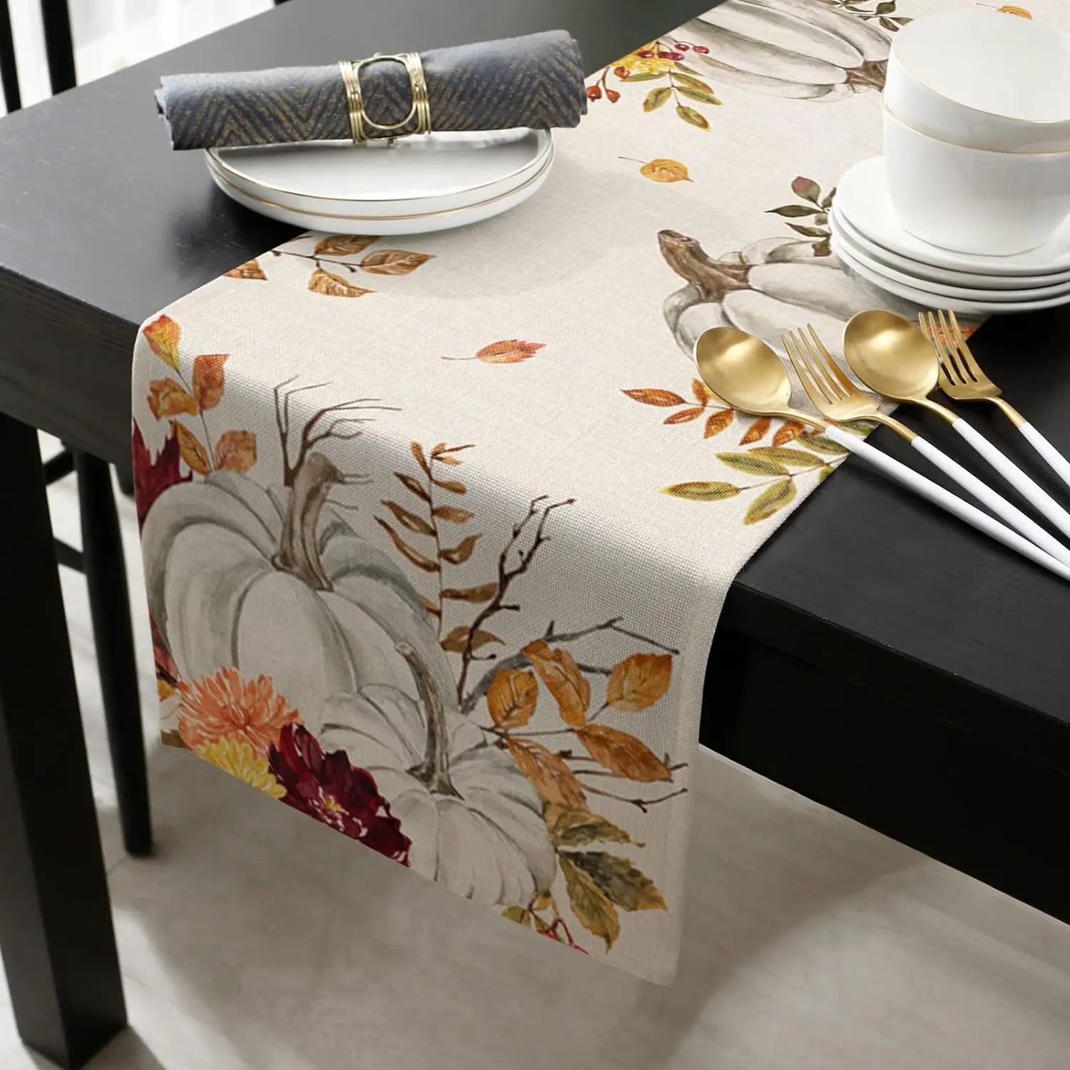 Autumn Linen Table Runner Pumpkin Retro Maple Leaves Harvest.