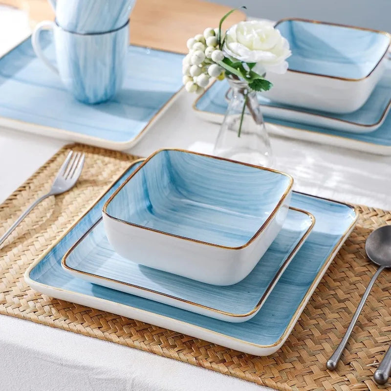 Brushed Square Porcelain Dinnerware Set, Service for 4-16 Pieces.