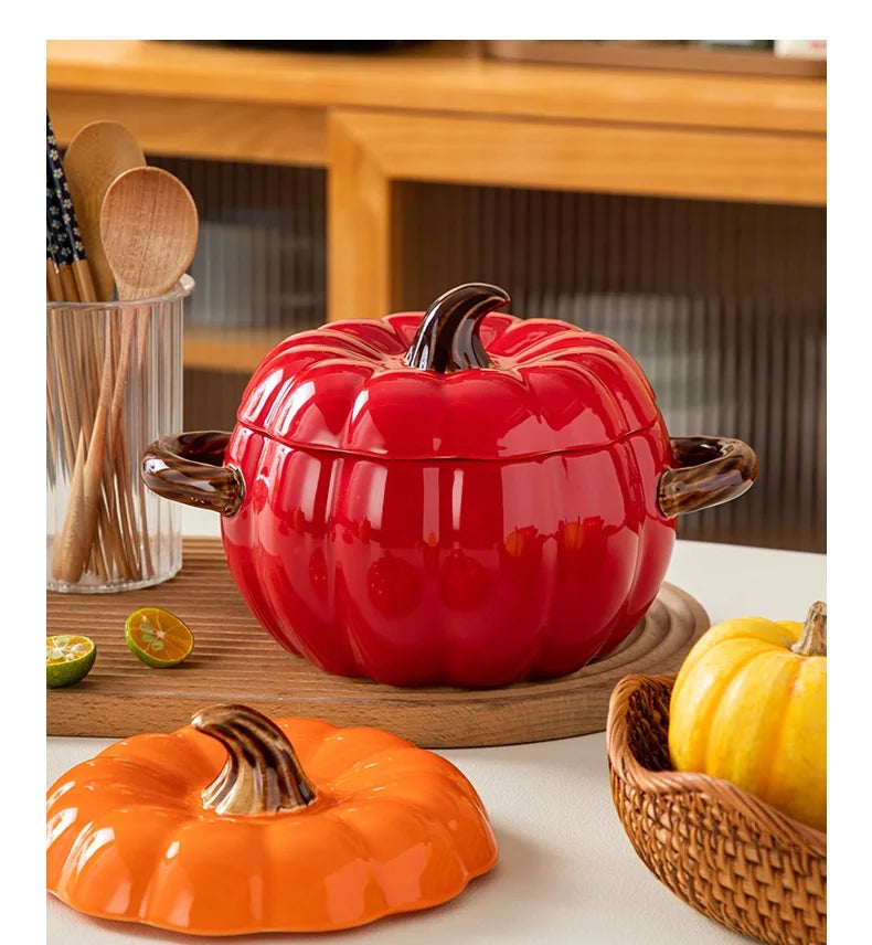 Pumpkin Ceramic Soup Pot with Lid-1.5Qt.