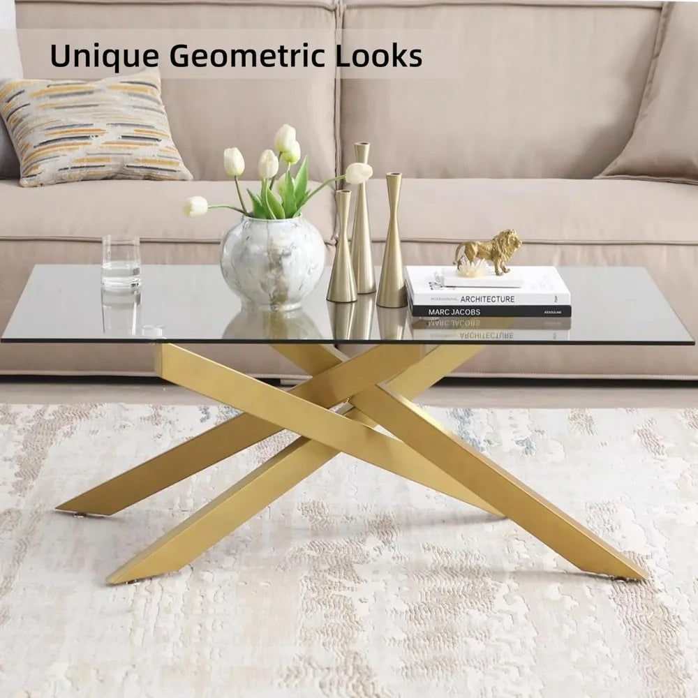 Rectangle Modern Coffee Table, Tempered Glass Top and Criss-Cross Legs 47.3”Lx23.6”Wx18.1”H, Gold.