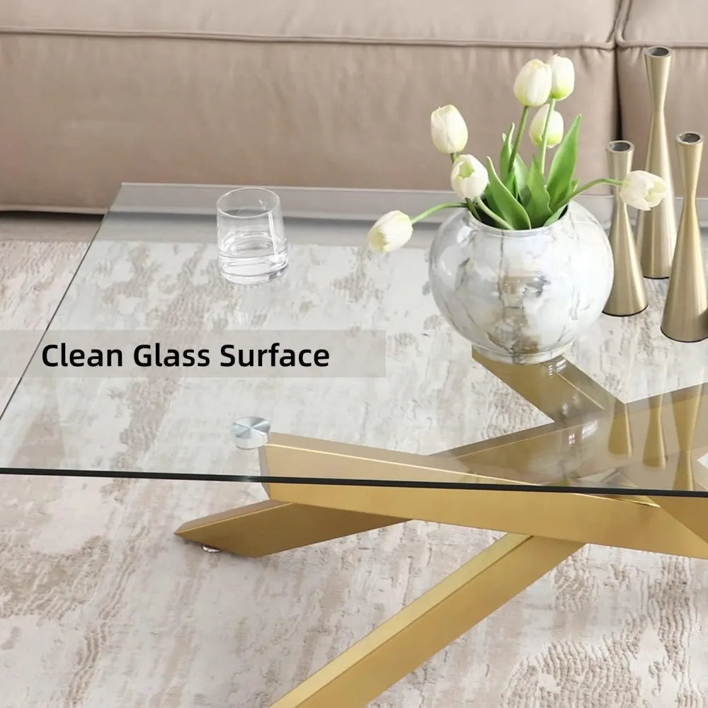 Rectangle Modern Coffee Table, Tempered Glass Top and Criss-Cross Legs 47.3”Lx23.6”Wx18.1”H, Gold.