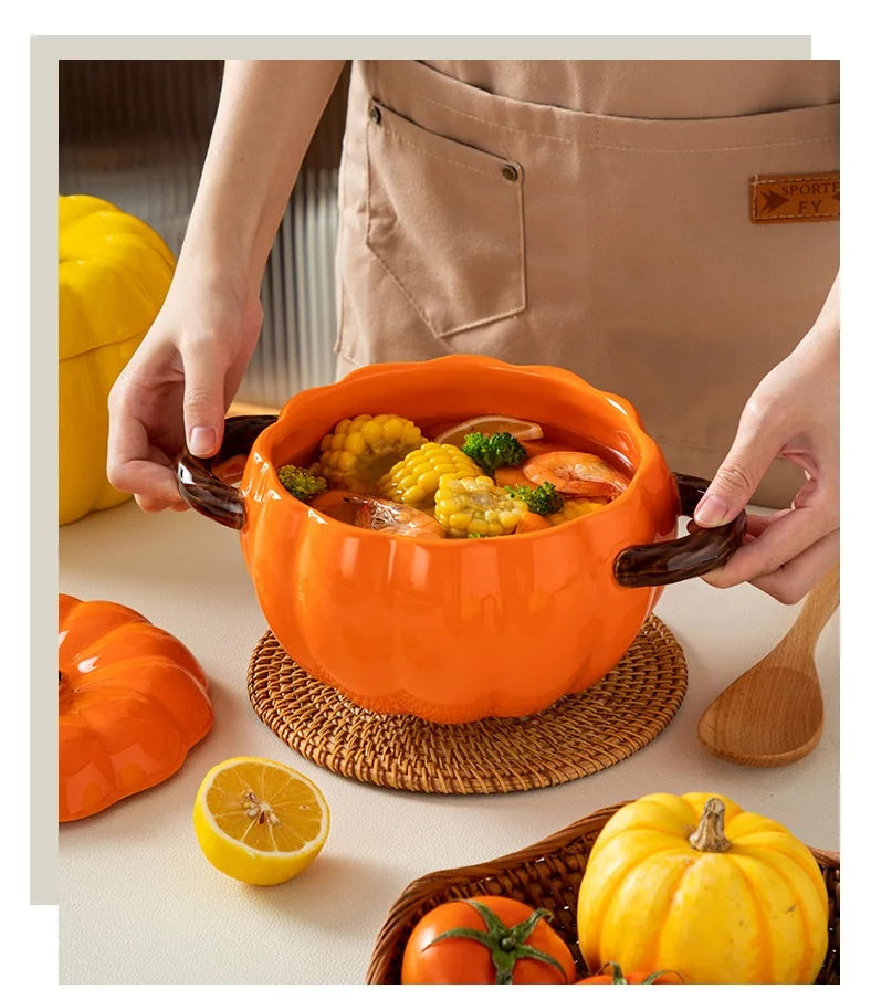 Pumpkin Ceramic Soup Pot with Lid-1.5Qt.