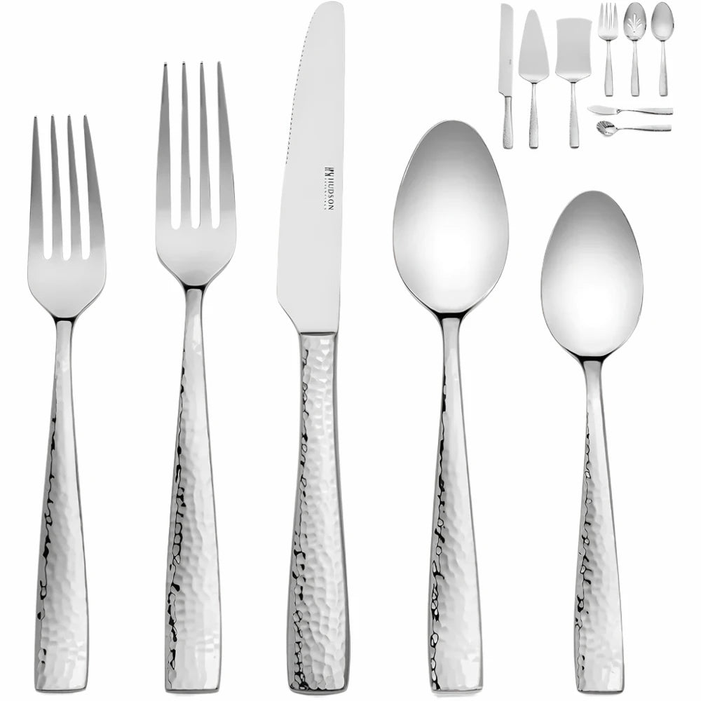 68-Piece Hammered 18/10 Stainless Steel Silverware Cutlery Set with Serving Set.