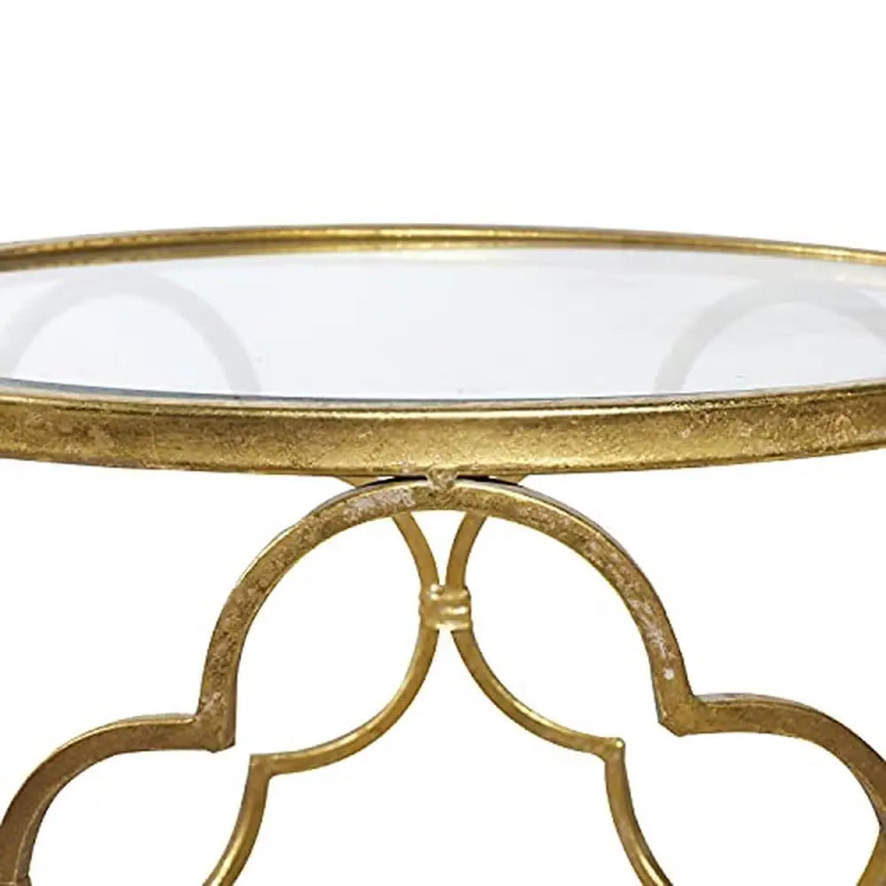 Contemporary Gold Quatrefoil Metal End Table  Glass Top 16