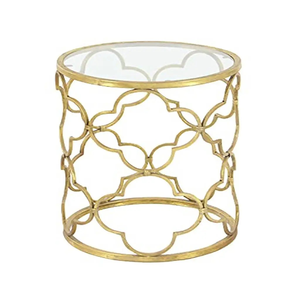 Contemporary Gold Quatrefoil Metal End Table  Glass Top 16