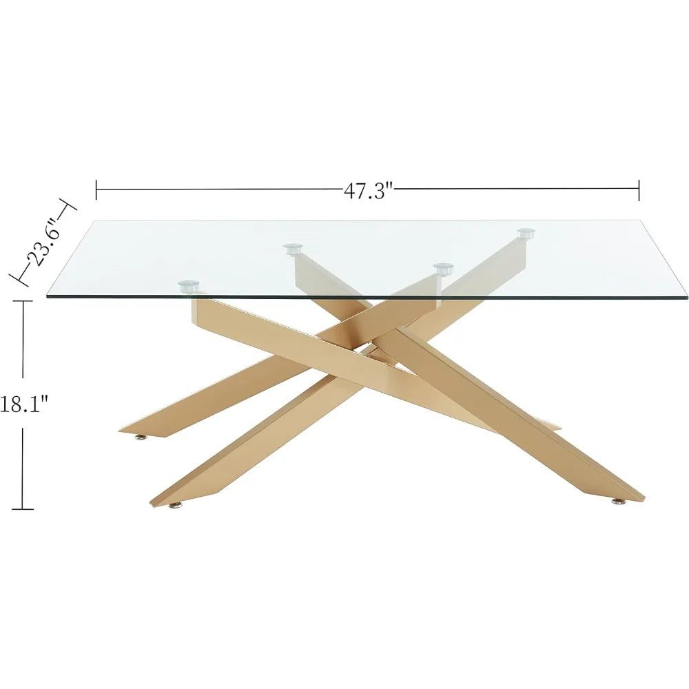 Rectangle Modern Coffee Table, Tempered Glass Top and Criss-Cross Legs 47.3”Lx23.6”Wx18.1”H, Gold.